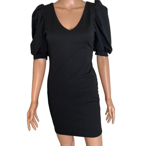 Chocolate brand dress Made in USA LBD puff sleeve V-neck black dress SZ M career - Picture 2 of 11